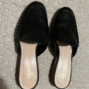 Nine West Juanita Black Leather Braided Slip On Flat Mules 10